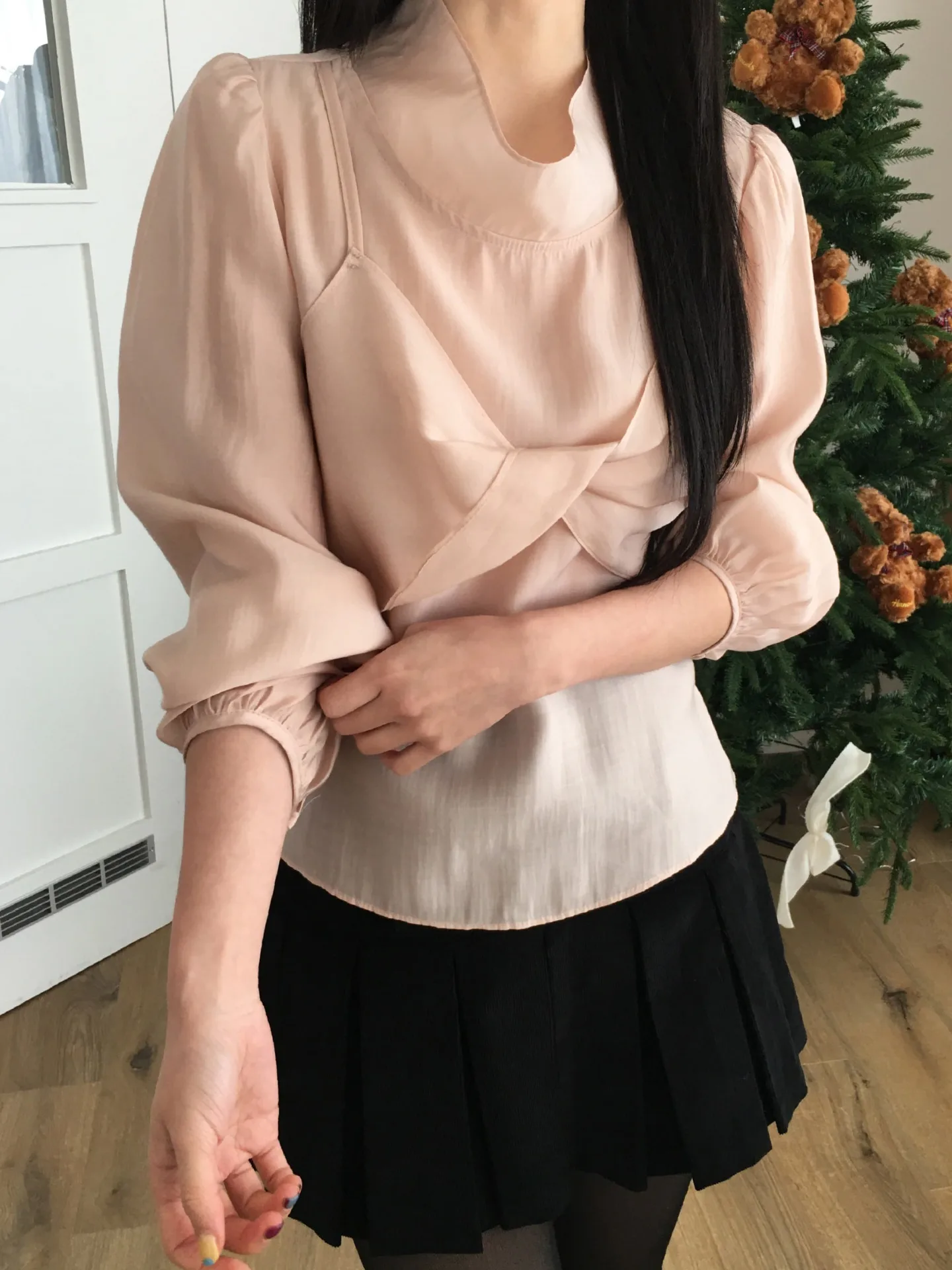 

Ele Chic High Collar Long Sve irt Knot Tie Strap Vest Set for Women Spring New Arrival Lace Snowflake Pattern