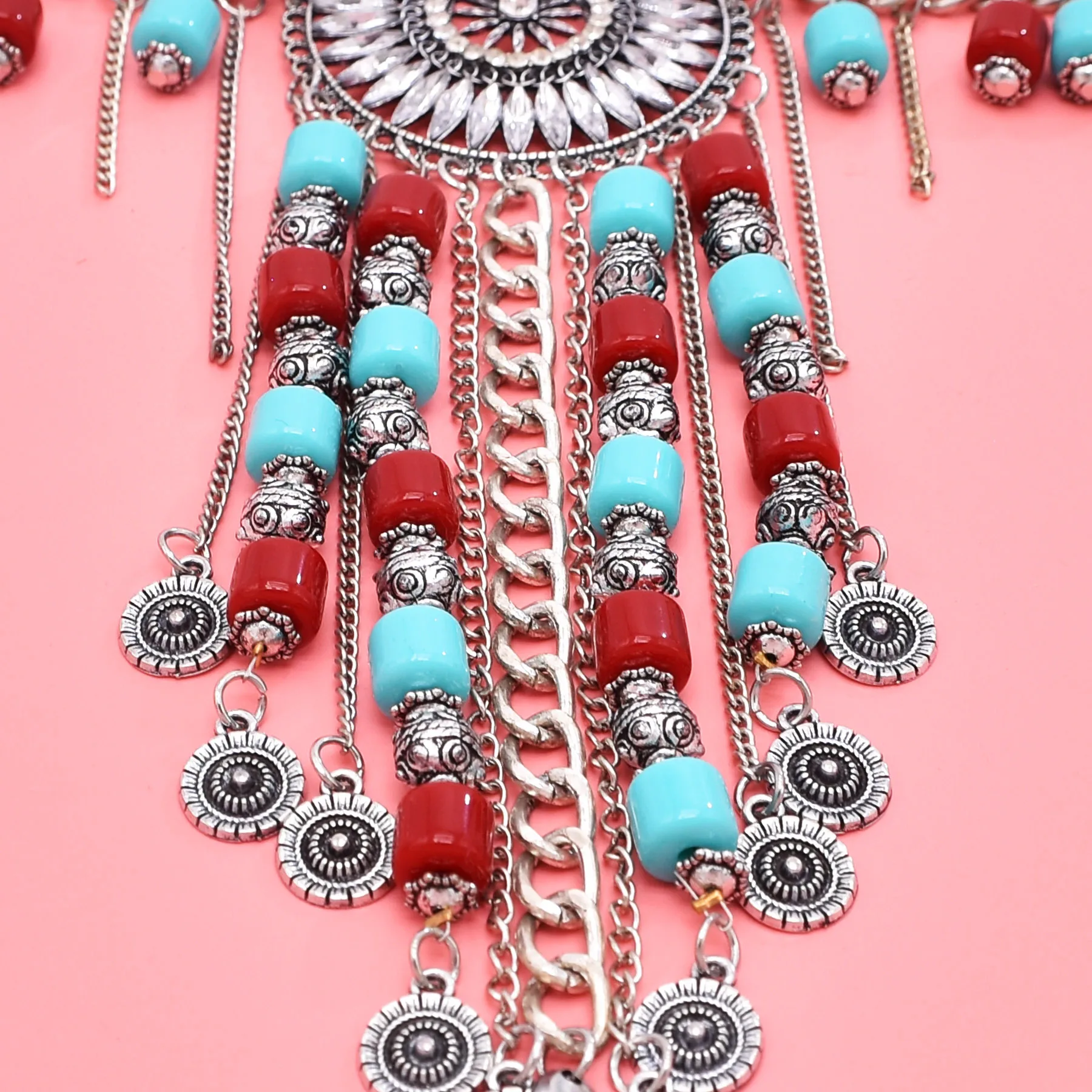 Vintage Golden Silvery Long Chains Artificial Gemstone Bead Coin Necklace for Women Gypsy Ethnic Clothing Sweater Neck Jewelry