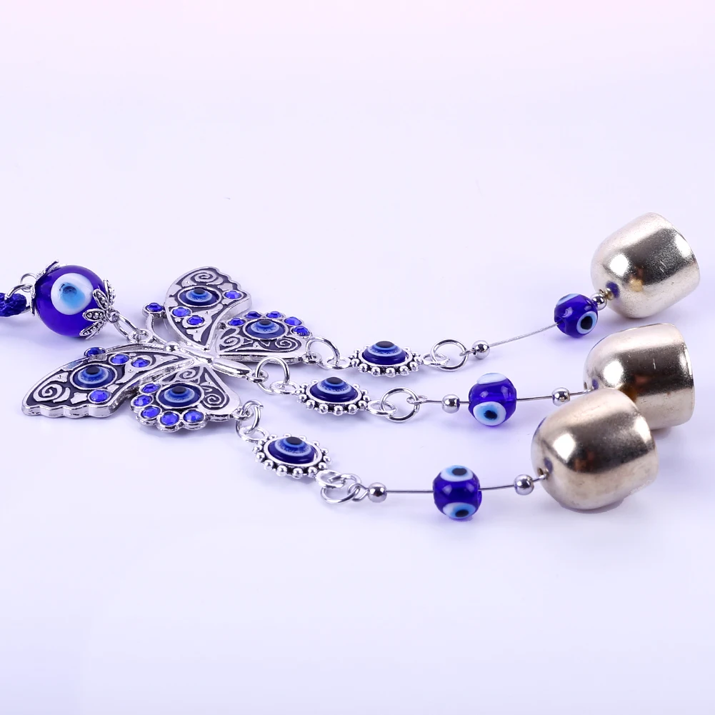 Lucky Blue Eyes Butterfly Bell Charm Keychain Turkish Blue Eye Beads Pendant For Car Rearview Mirror Hanging Decor Key Chain image 6
