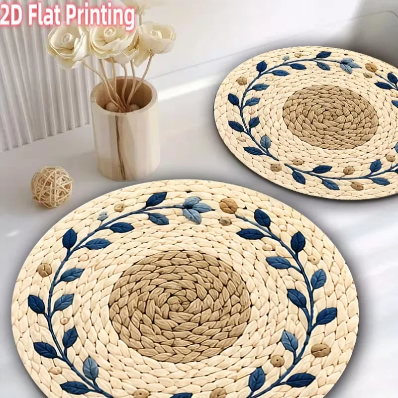 Perfect gift: Set of 4 beige and blue round wooden placemats for table setting, 2D flat print