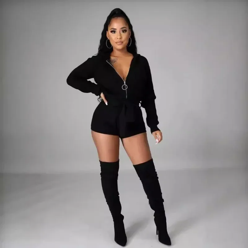 

GUWU Full Sleeve Hooded Sweater Belt Short Jumpsuit Women Fall Streetwear Party Sexy One Piece Suit Romper Playsuits
