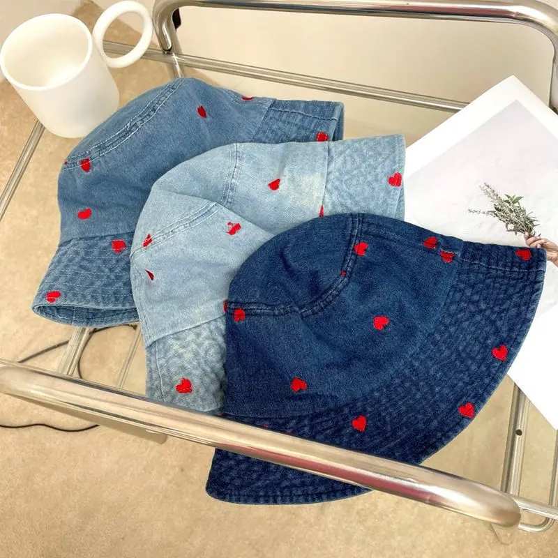 Embroidered Heart Cotton Summer Jeans Bucket Hat Cap For Women Spring Fisherman Hat Outdoor Travel Ladies Hat Gift Wholesales