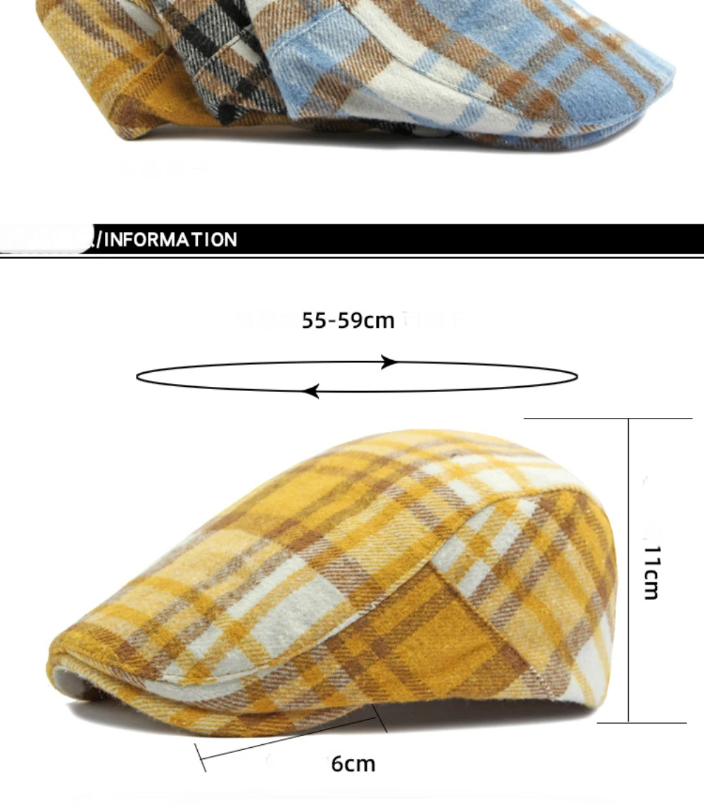 HT4219 Baskenmützen Herbst Winter Karierte Baskenmütze für Männer und Frauen Vintage Künstler Maler Wollmütze Männlich Weiblich Verstellbare Ivy Flachmützen – Detail 4