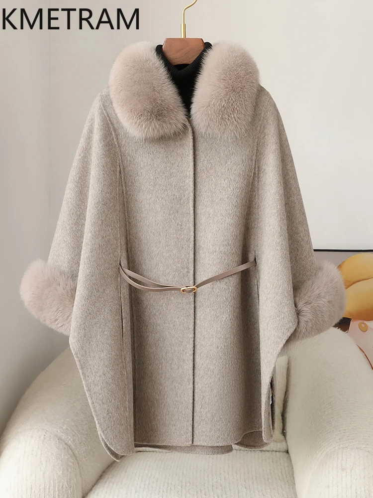100% Natural Wool Cloak with Fox Fur Collar Winter Real Fur Coat Woman Luxury Party Shawl Coats Women Clothing 2025 шуба женская