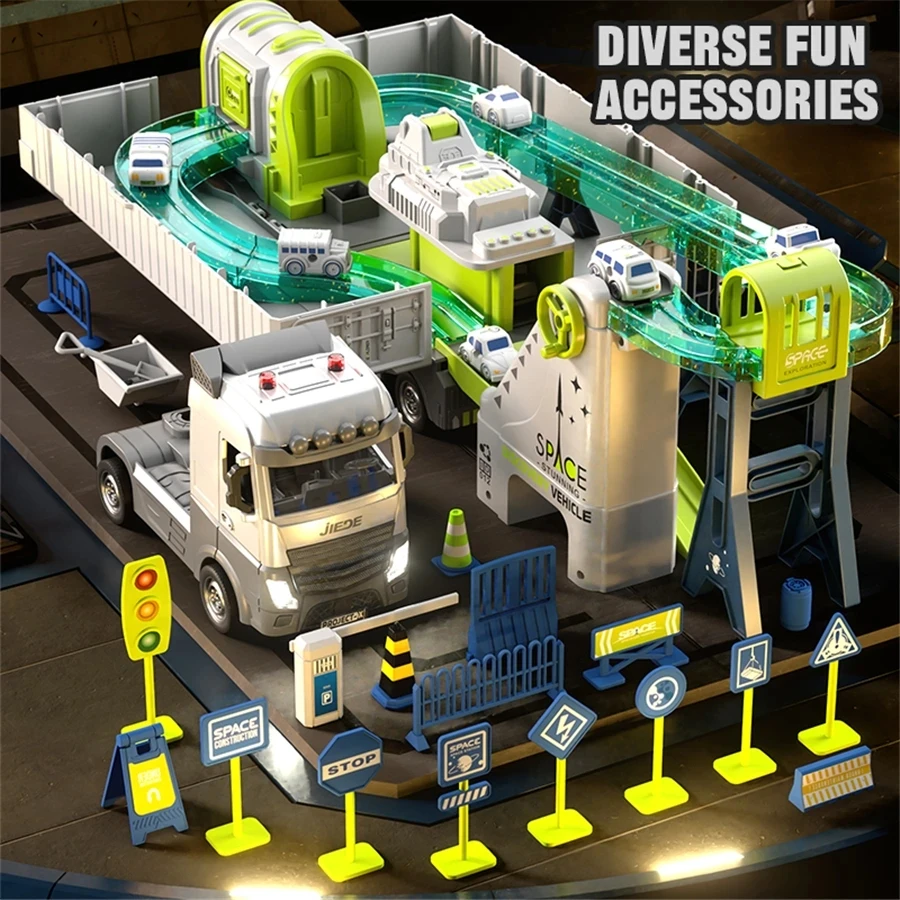 Large Alloy Container Truck Rail Cars Hanging Tower Diecast Vehicle Trucks Model Engineering Orbital Car Set Children's Toy Gift