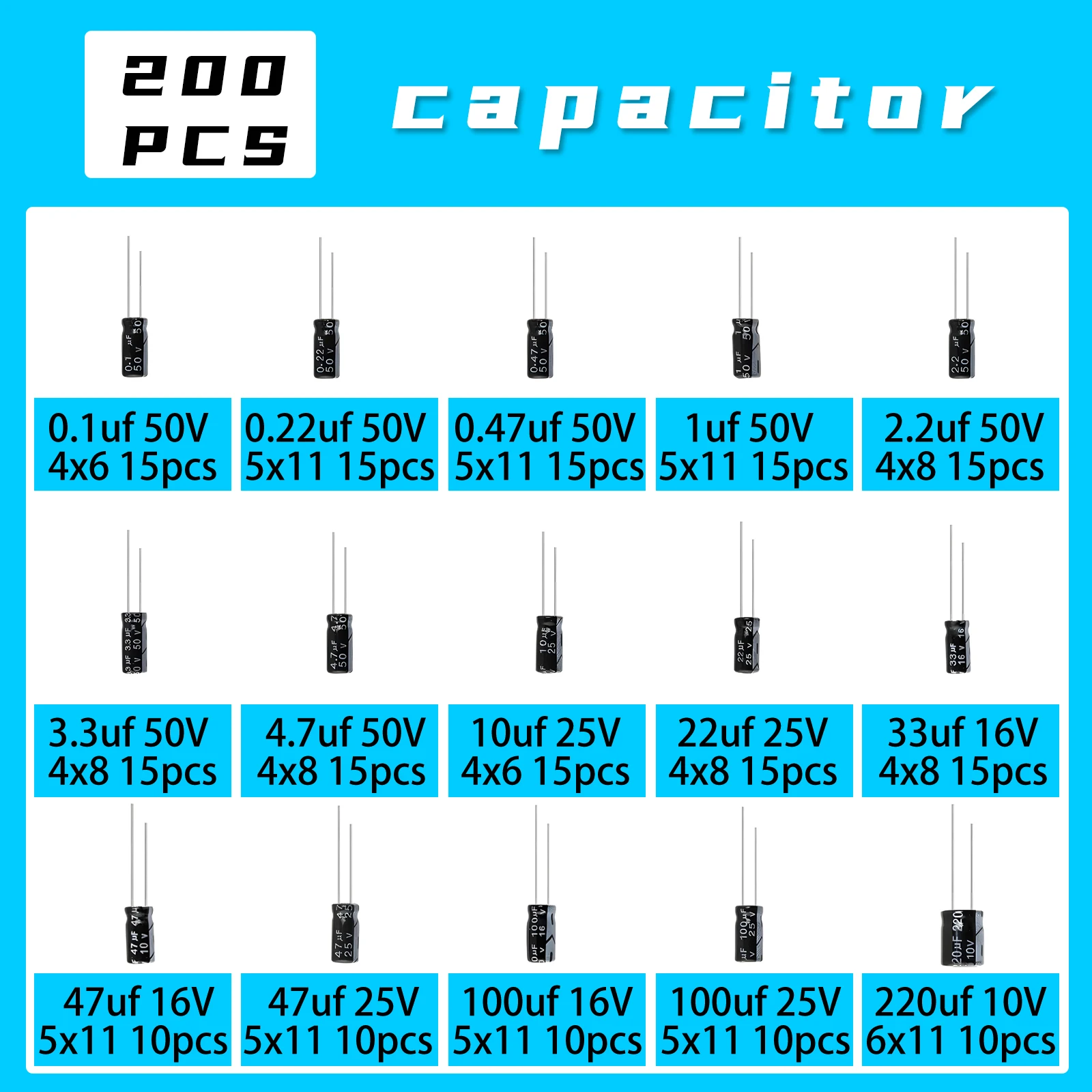 200pcs/lot Electrolytic Capacitor Assortment Kit - 15 Values (10V, 16V, 25V, 50V) 0.1uF-220uF - Includes 0.22uF, 2.2uF, 100uF