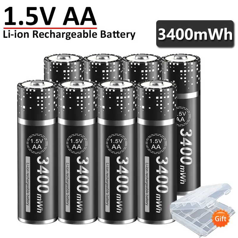 Batteria ricaricabile AA da 1,5 V, 3400 mWh, a tensione costante, batteria agli ioni di litio HR6, batteria al litio AA per telecomandi, mouse, piccoli ventilatori, giocattoli elettrici + scatola per