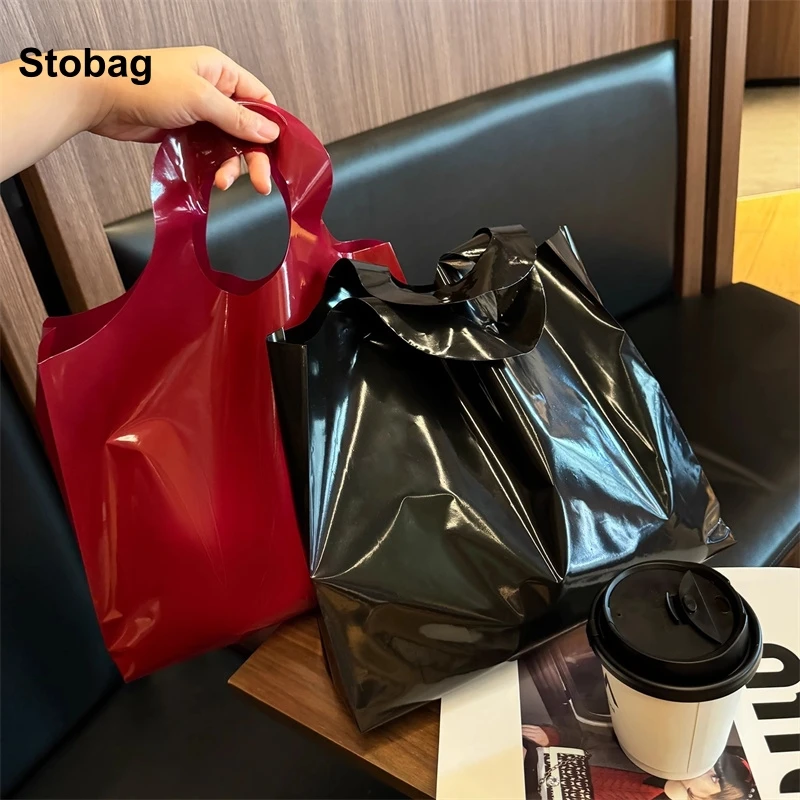 

StoBag 50pcs Red/Black Shopping Tote Bag Plastic Clothes Gift Packaging Storage Pouch Handbag Portable Custom Logo(Extra Fee)