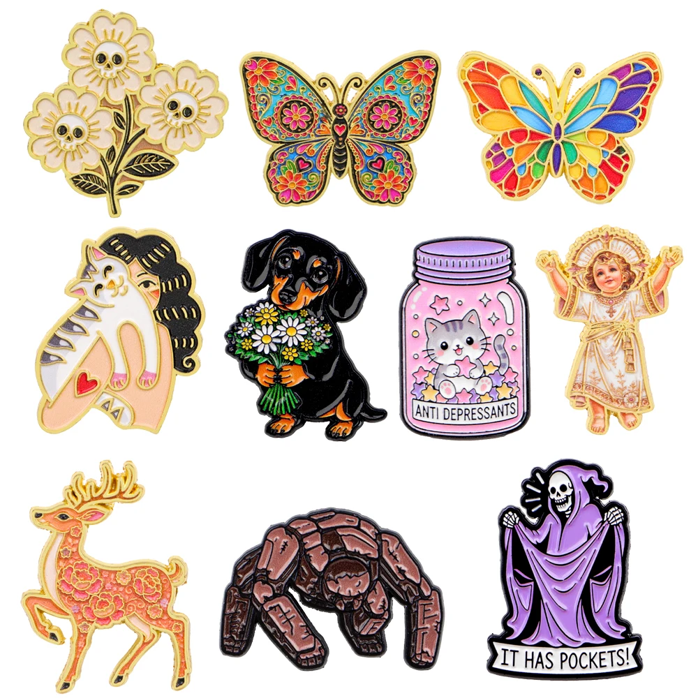 Broches de Esmalte em Estilo Cartoon Fofo, Borboleta, Flor, Animal, Broches Coloridos para Lapela, Acessórios de Joalheria para Mochila, Jaqueta, Presente