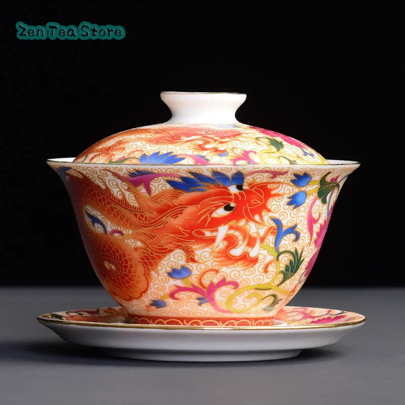 Three-way Cover Bowl Single Teacup Ceramic Teacup Kung Fu Teacup Set Retro Dragon And Phoenix Teacup For Home Use