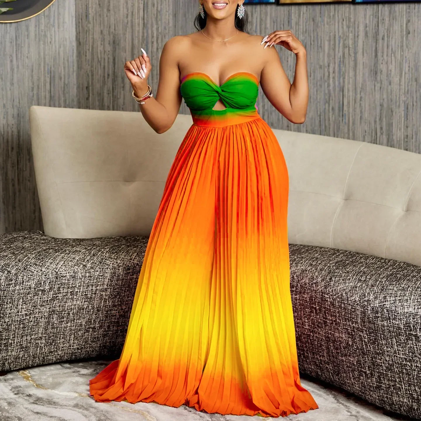 Women Gradient Sleeveless Pleated Strapless Wide Leg Long Jumpsuits 2024 Summer Beach Fashion Street Sexy Outfit Rompers