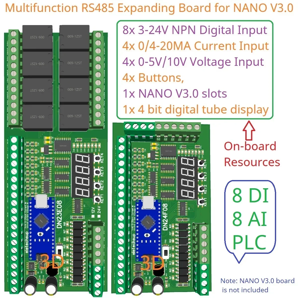 وحدة توسيع IO متعددة الوظائف 8AI-8DI-8DO لـ ARDUINO NANO V3.0 RS485 Modbus RTU مفتوحة PLC LED مستشعر الجهد الحالي