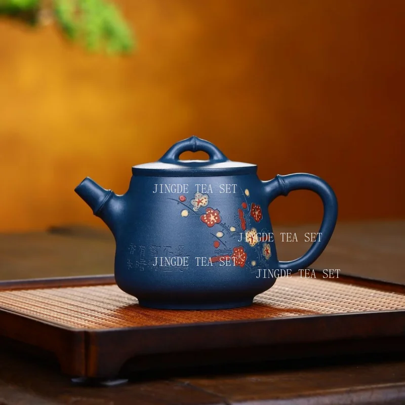 280ml Yixing Purple Clay Teapot Original Ore Blue Clay Hand Drawn Plum Blossom Tea Pot Kung Fu Tea Set