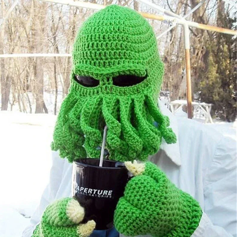 Novelty Handmade Funny Tentacle Octopus Hat Crochet Cthulhu Beard Beanie Men's Women's Knit Wind Mask Cap Halloween Animal Gift