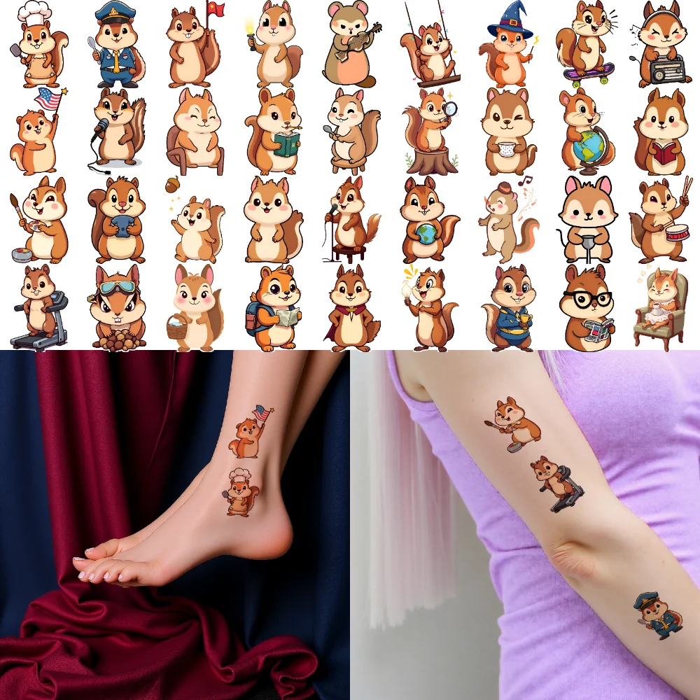 54pcs Temporary Tattoo Squirrel Stickers Waterproof Long-lasting Body Stickers Cartoon Stickers Cartoon For Shoulders Cheeks