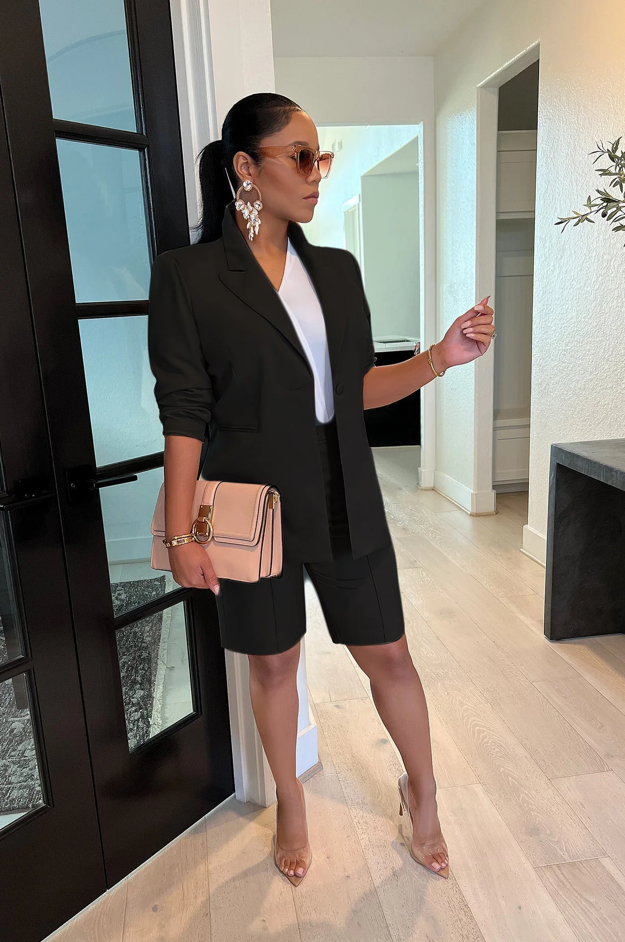 Women Blazer Suits Spring Autumn Fashion Slim Fit Business Suit Long Sleeves Blazer Jacket Shorts Casual 2 Piece Sets Women Sets