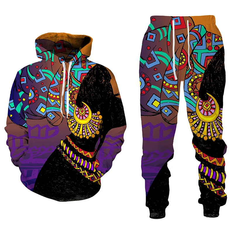 Conjunto de chándal con estampado africano en 3D para hombre y mujer, conjunto de chándal con capucha y pantalones de estilo Hip Hop, Estilo