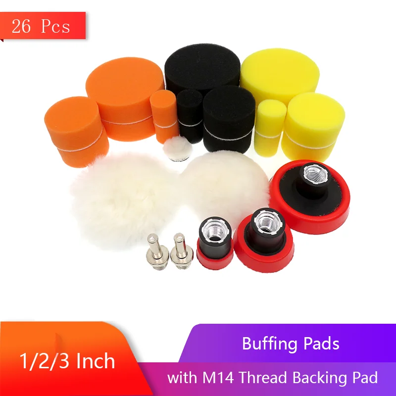 1/2/3 Inch Buffing Pads 26 Pcs for Drill Detail Polishing Pad with M14 Thread Backing Pad for Car Sanding Polishing Waxing