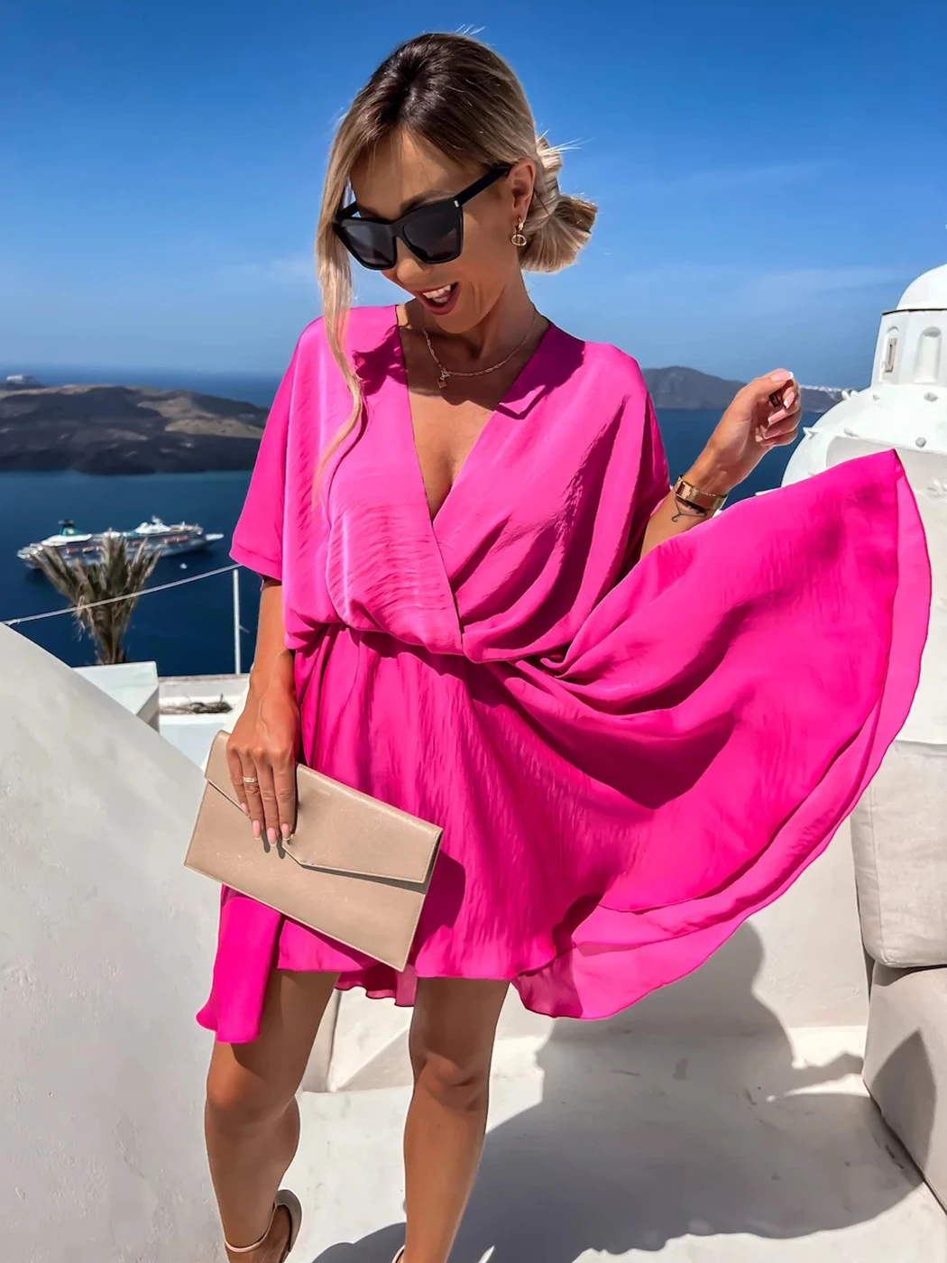 Jastie Boho Ladies Sexy V Neck Solid Mini Dress Women Elegant Half Sleeve Satin Loose Mini Dresses 2023 Summer Casual Vestidos