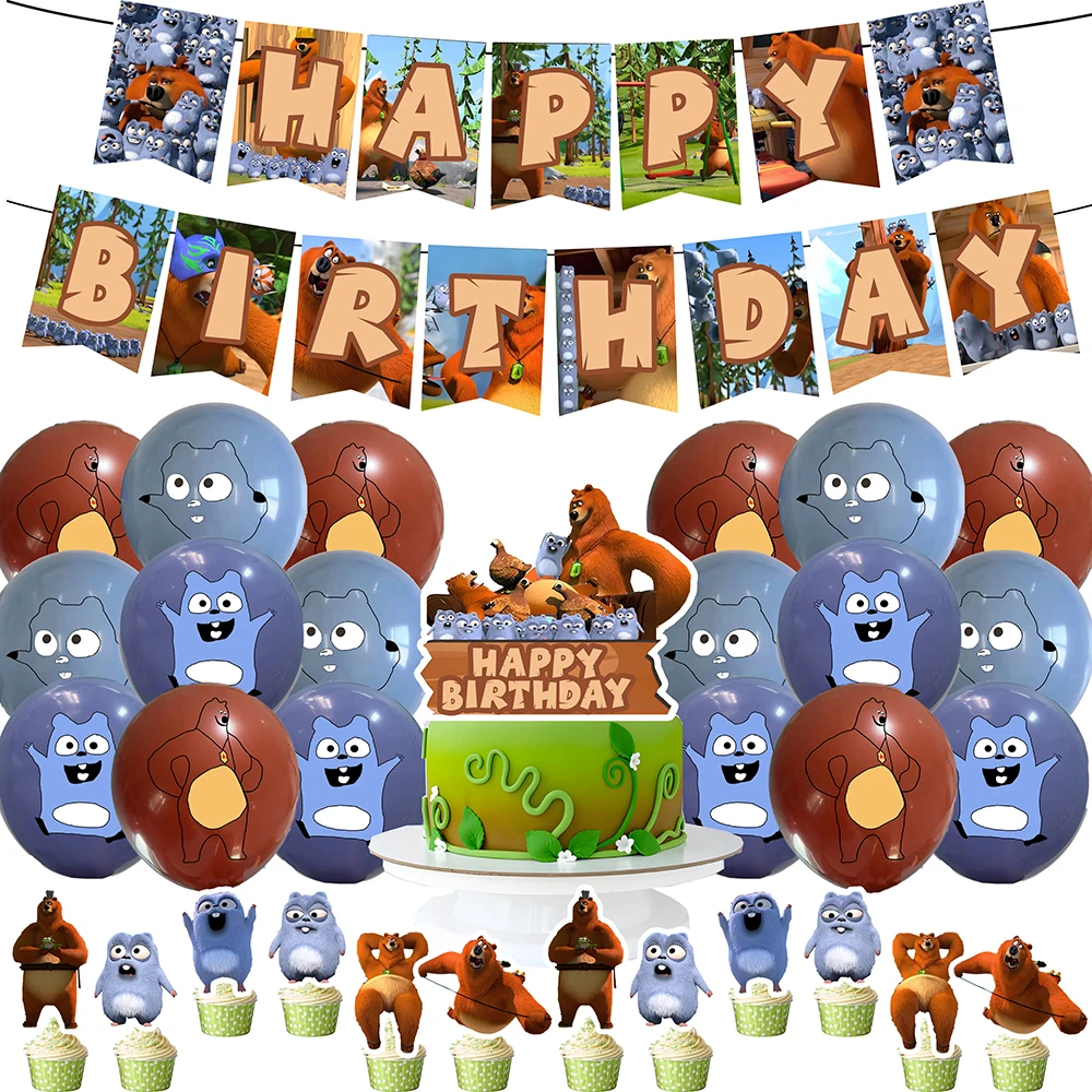 Grizzy And Lemmings Birthday Party Decoration Bear Balloon Backdrop BannerCake Topper Party Supplise Kids Toys