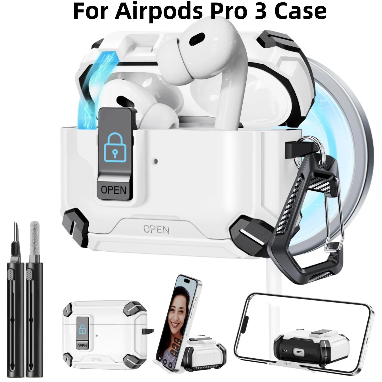 에어팟 프로 3 (2025) 케이스, 안전 잠금 자동 팝업 풀 프로텍티브 하드 커버, 청소 키트 포함