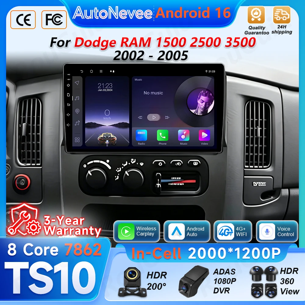 Radio para Auto Android 16 para Dodge RAM 1500 2500 3500 2002 2003 2004 2005, Reproductor Multimedia Inalámbrico Carplay, Auto BT, GPS, Navegación