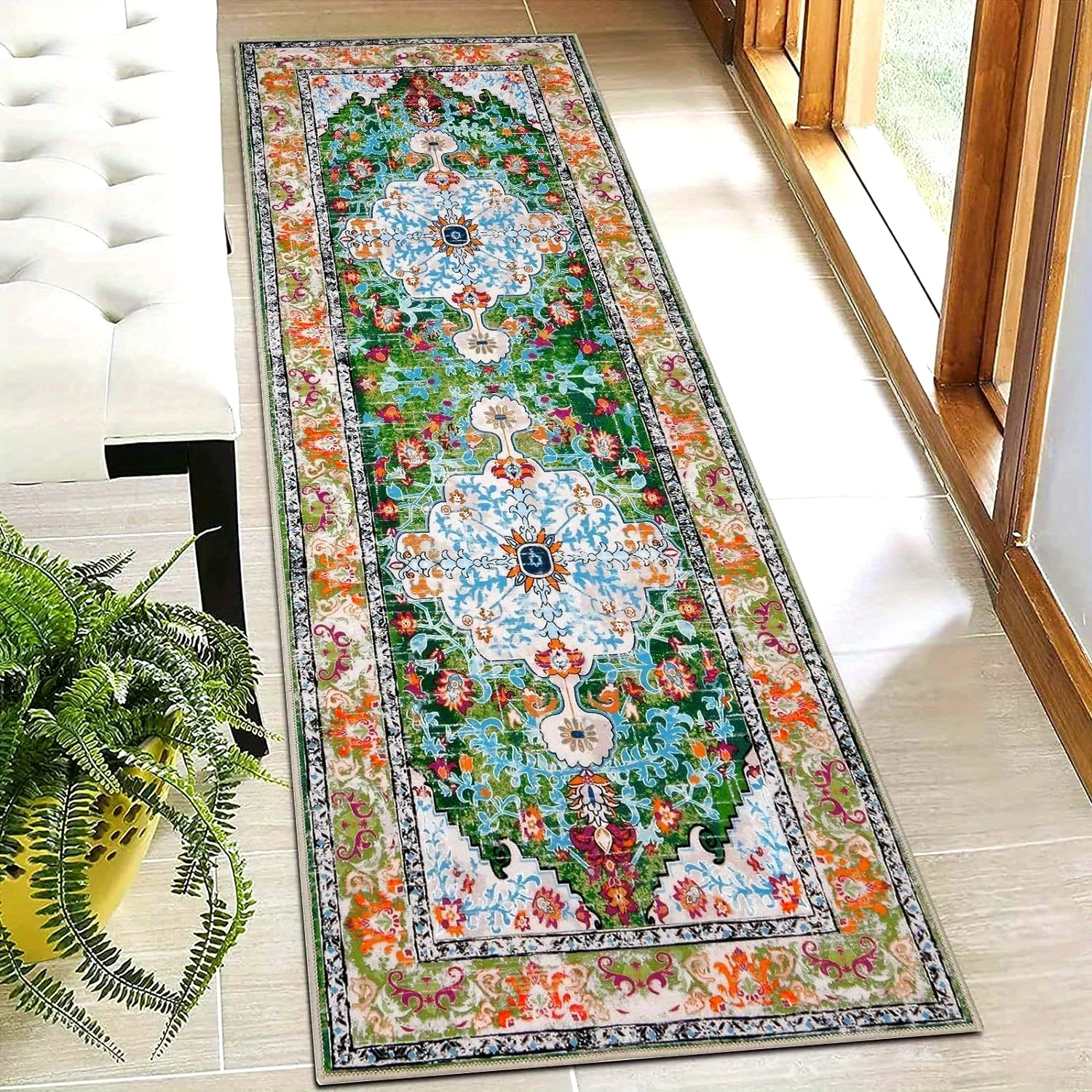 Bohemian Vintage Persian Floral Print Long Runner Rug, Green Blue Medallion Pattern Non-Slip Floor Mat for Hallway Entryway