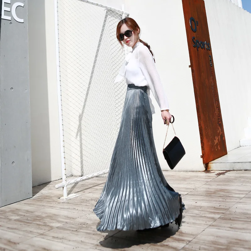 2024 Vintage Silver black skirt metal solid flared Maxi Skirt Beach Long Pleated Skirts High waist female quality women saia