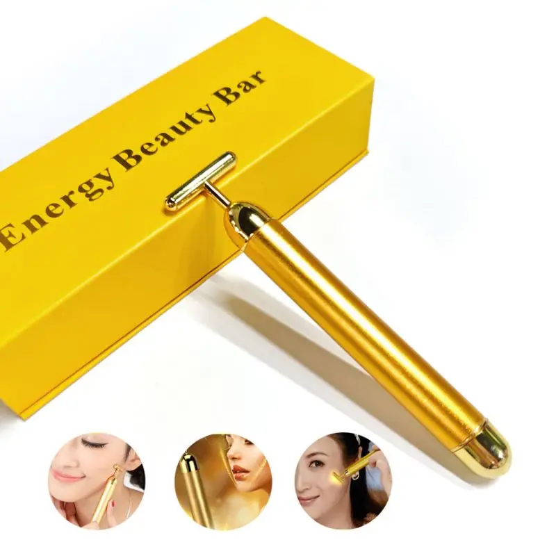 Appareil de soins de beauté multifonction 24k, bâton de Massage du visage, rouleau en forme de T, barre énergétique dorée, masseur vibrant pour outil de beauté