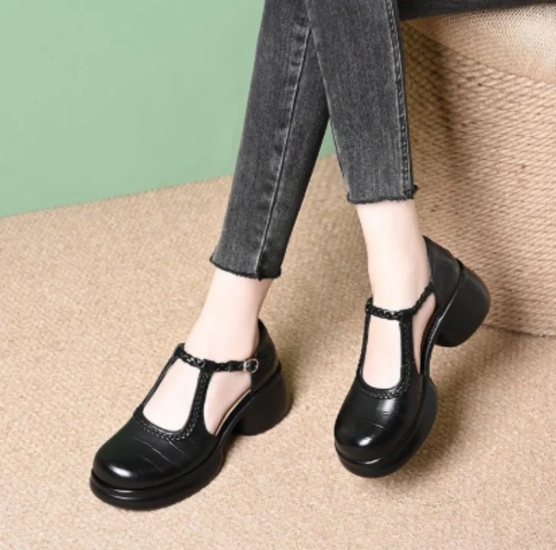 Women Black Croc‑Embossed Mary Jane Sandals T‑Strap Buckle Cutout Design Platform Chunky Block Heel Closed Toe Daily Shoes view 3