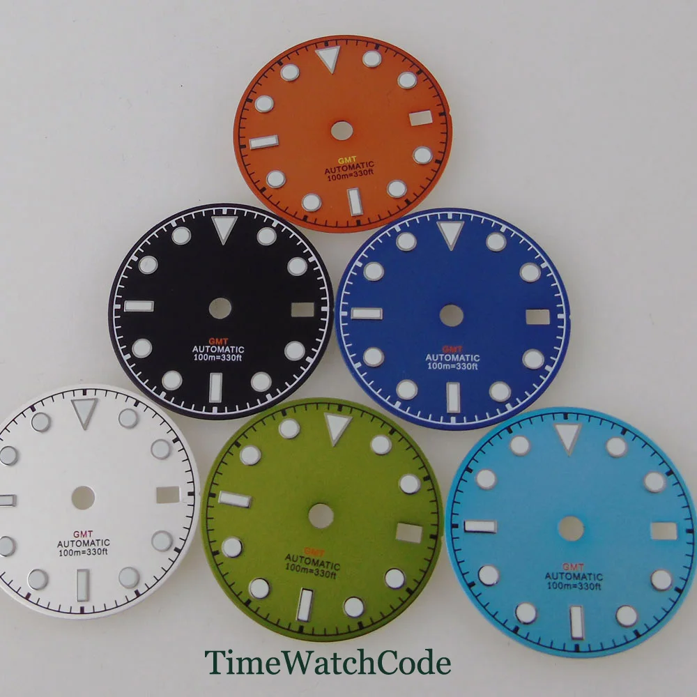 29mm Watch Dial Face Accessories Luminous Hands Fit for NH34 GMT Automatic Movement Date Window Black White Blue Green Orange