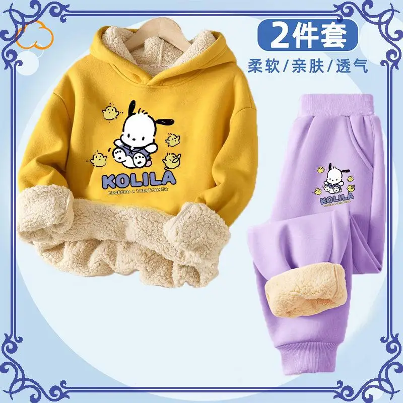 حار سانريو فتاة Scasualweatsuit Pochacco Kawaii أنيمي الشتاء طالب Keepwarm 2 قطعة مجموعة مريحة سماعة ملابس الأطفال جديد #4