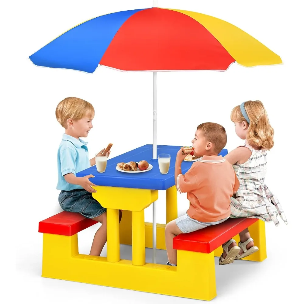 

Kids Picnic Table, Toddler Plastic Outdoor Table & Bench Set with Umbrella, Children Patio Furniture Set for Backyard Garden