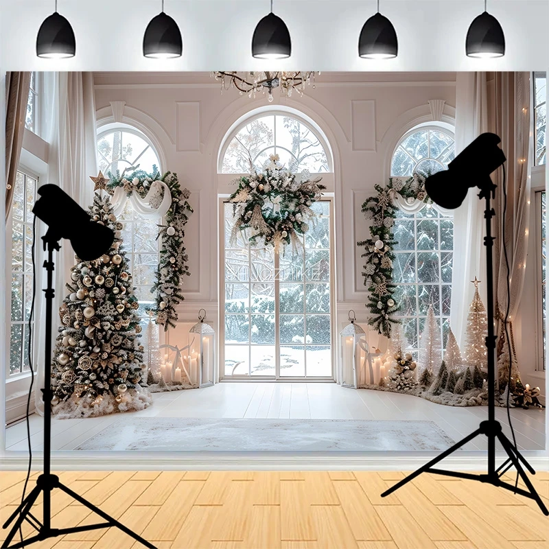 

Christmas Tree Gifts Window Photography Backdrop Living Room Snowflake Family Party New Year Holidays Studio Background XH-21