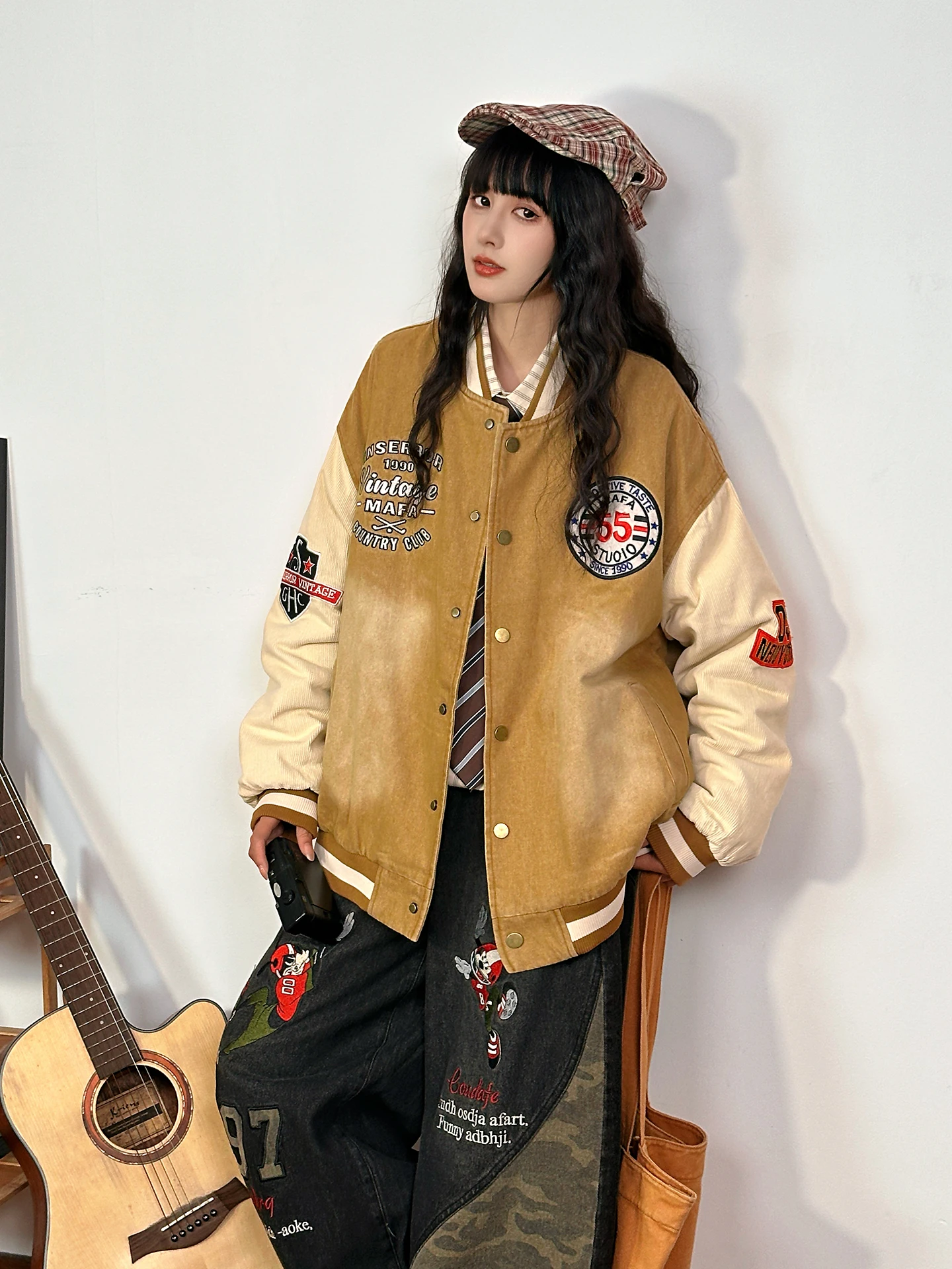 

Original American Retro Color Blo Cotton Baseball Jaet Women's Loose Versatile Jaet Thiened Long Sve Street Sle