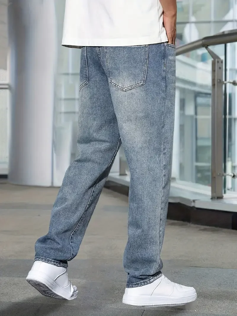 Losvallende jeans voor heren, oversized denimbroek met rechte pijpen, comfortabele wijde broek voor hiphop-streetstyle