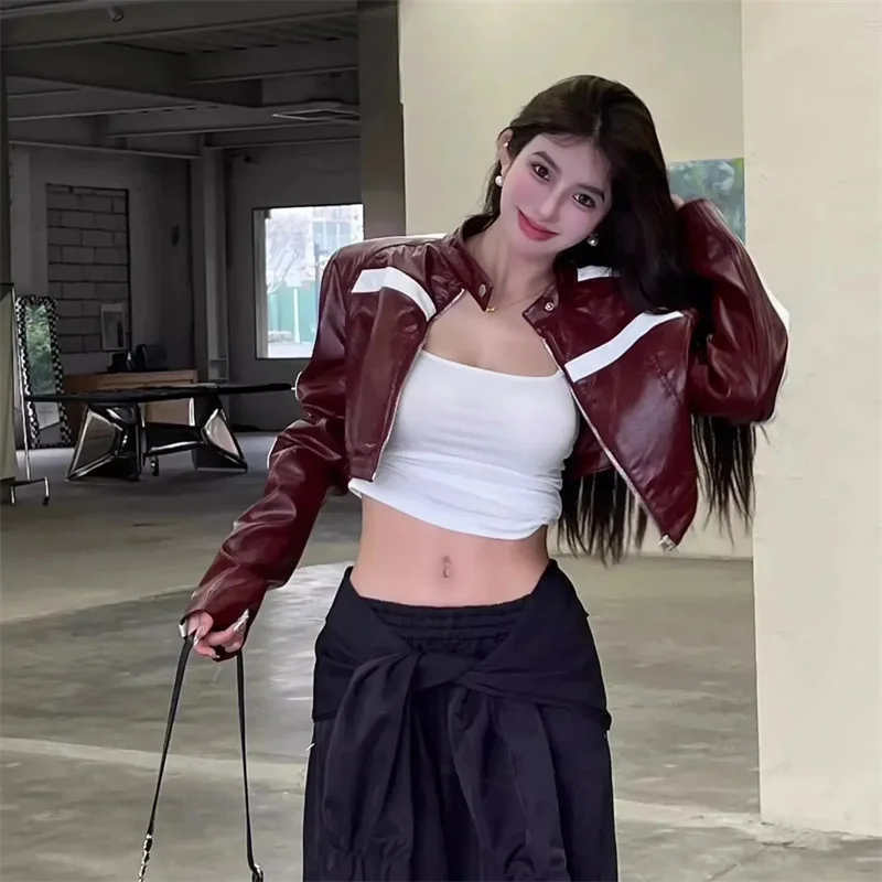 

New 2026 Short Motorcycle Coat Spring Autumn Women's Fashion Coat Tops Retro striped stitching PU Leather Jacket Outerwear
