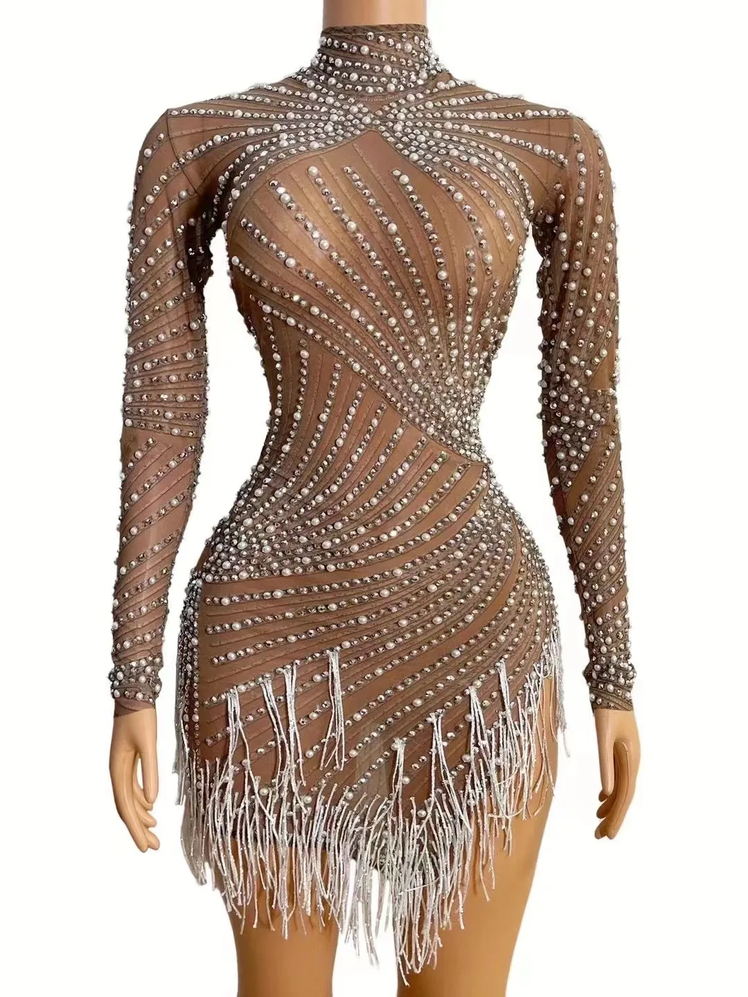 

RhinestonesPearlsWhiteFringeHighNeckMeshDressBarBirthdayCelebrate DressWomenDanceOutfit