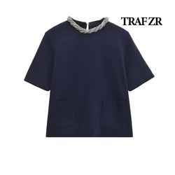 TRAF ZR Knit T-shirt Beading O-Neck Short Sleeve T-shirts Harajuku Fashion Autumn Blue T-shirts Elegant Tops Y2k Casual T-shirt