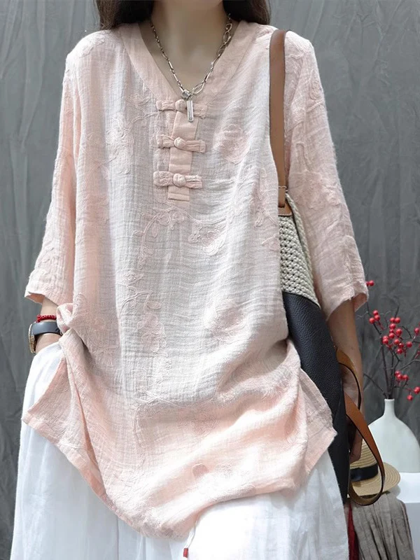 

Женский топ из хлопка и льна с вышивкой Ele, большой размер, с v-образным вырезом на пуговицах, средней длины, с разрезом, высокий W...