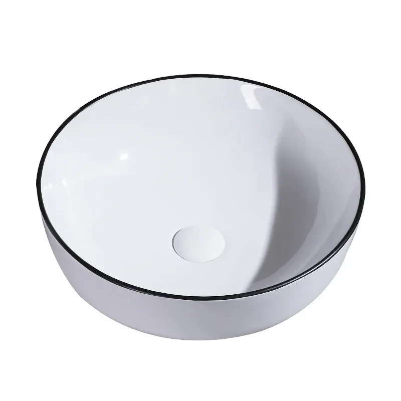 Modern Black Rim Round Ceramic Vessel Sink Artistic Washbasin for Hotel Home Bathroom Vanity Countertop Basin White Interior