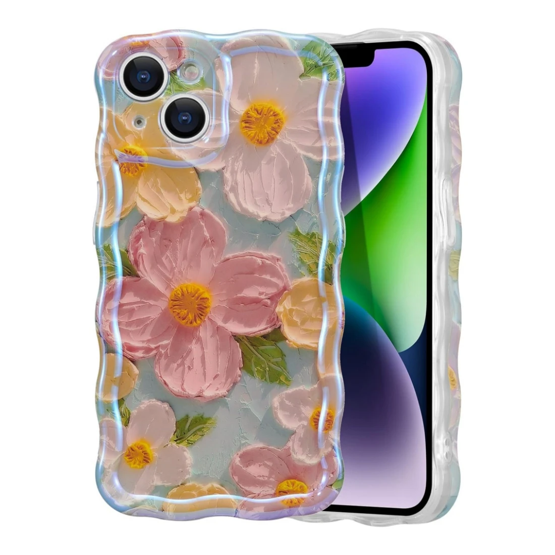 Case for iPhone 14,Colorful Retro Oil Painting Printed Flower Laser Beam Glossy Pattern Waves Border Exquisite Phone Cover