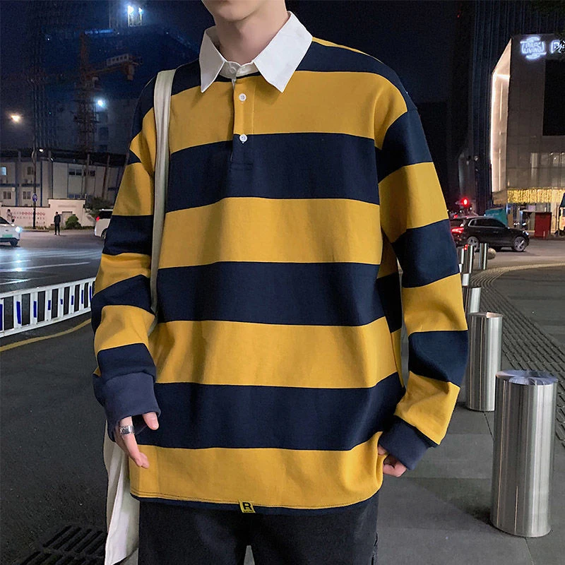 Yellow White Striped Vintage Polo Thin Casual 2022 Hoodie Long Sleeve Summer Spring Men Oversized Harajuku Korean Fashion Tops