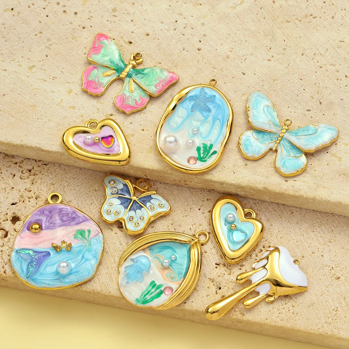 3pcs/Lot Stainless Steel Gradient Enamel Love Heart DIY Necklace Pendant Women Jellyfish Pearl Beach Charms Monet Garden Jewelry