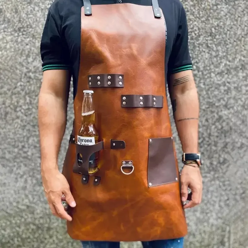 

PU Leather Waterproof and Oil Proof Apron Multi Functional Picnic Outdoor Barbecue Baking Kitchen Seafood Work Specific Apron