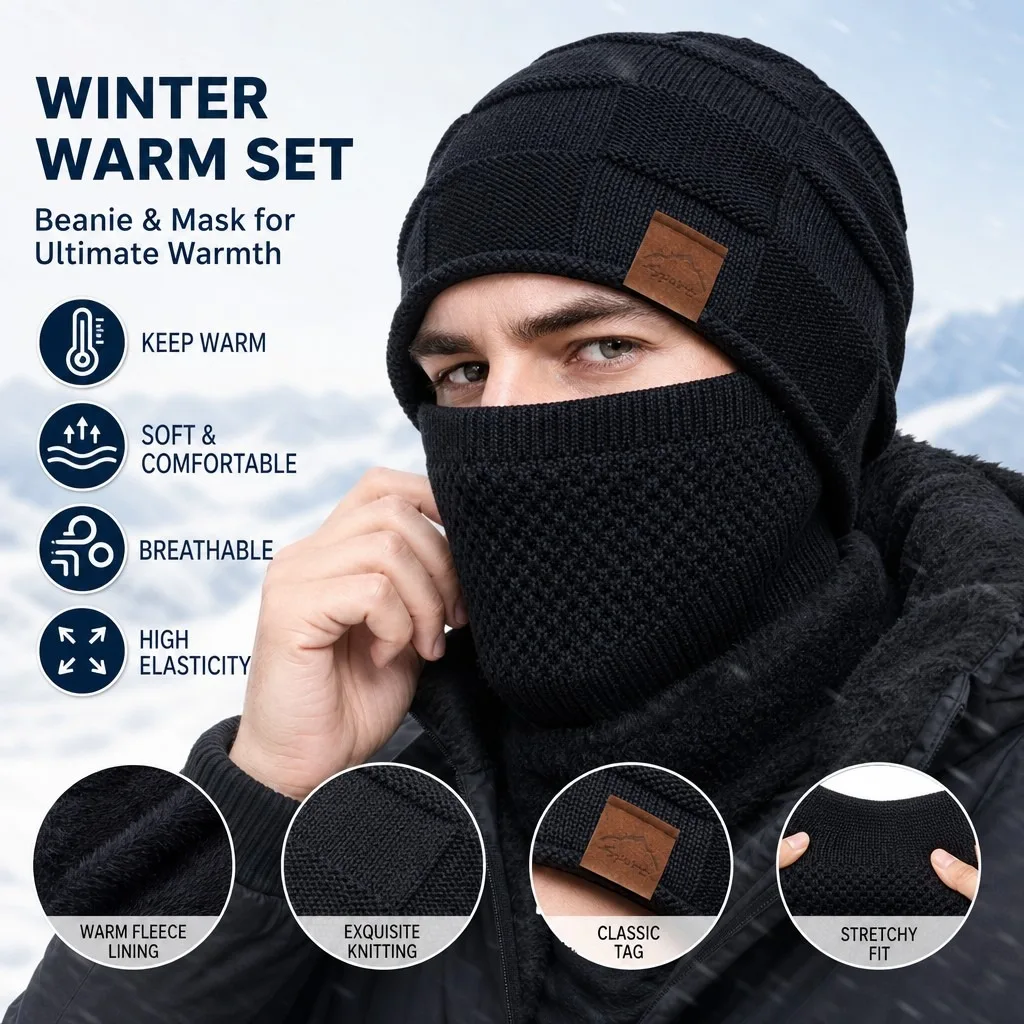 2-Piece Set of Random Color New Winter Fleece-Lined Cold-Proof Face Masks for Men and Women - Elastic Drawstring Closure, Lightweight and Warm, Suitable for Cycling, Skiing, Outdoor Sports, Solid Color Pullover Hat, Winter Warm Fleece-Lined Windproof Ear Cover Hat, Outdoor Leisure Hat with Mask Set
