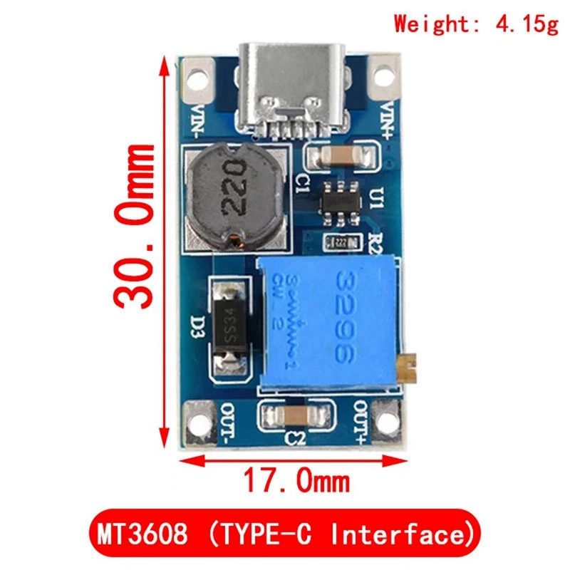 5Pcs 2A DC-DC MT3608 Step Up Boost Module With TYPE-C-USB, Step Up Boost Converter Power Supply Voltage Regulator Easy To Use