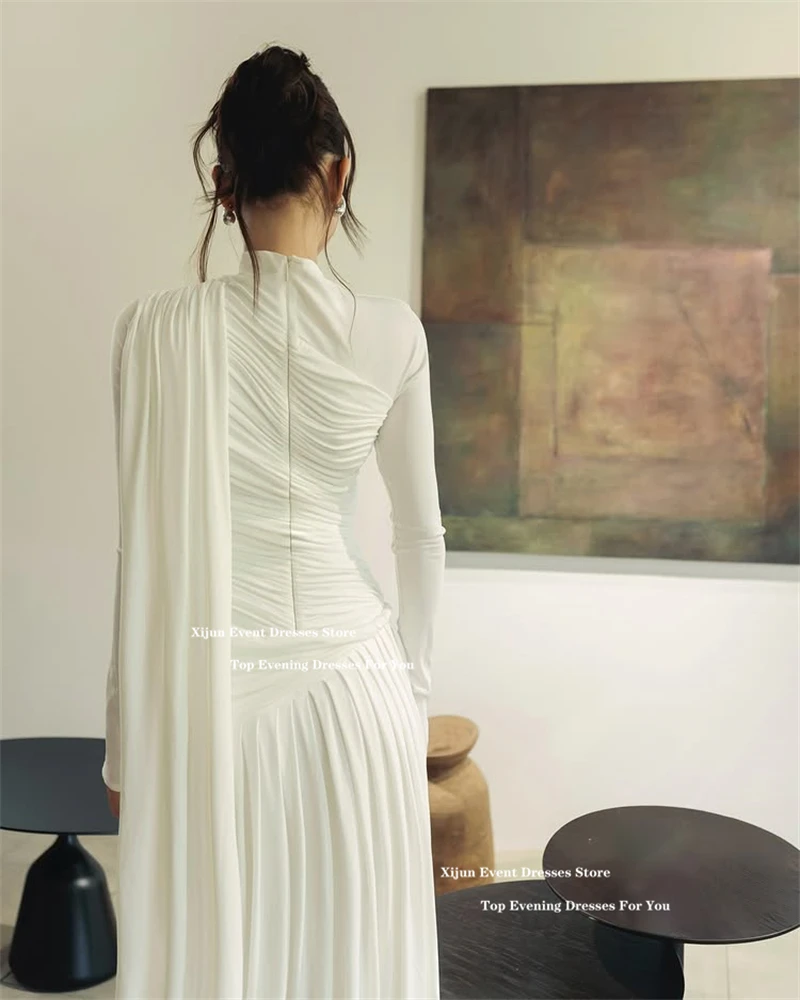 Xijun Ivory Crepe Long Evening Dresses Pleated Saudi Arabia Full Sleeves Formal Prom Dresses High Collar Prom Gowns Customized image 3