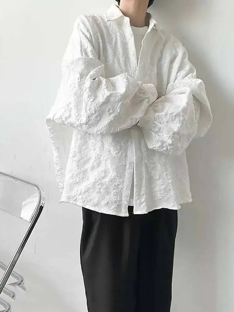 2XL White Crumpled Jacquard Shirt Loose Fashion Solid Color Casual Turn-Down Collar Top New All-Match Bat Wing Sleeve P7W