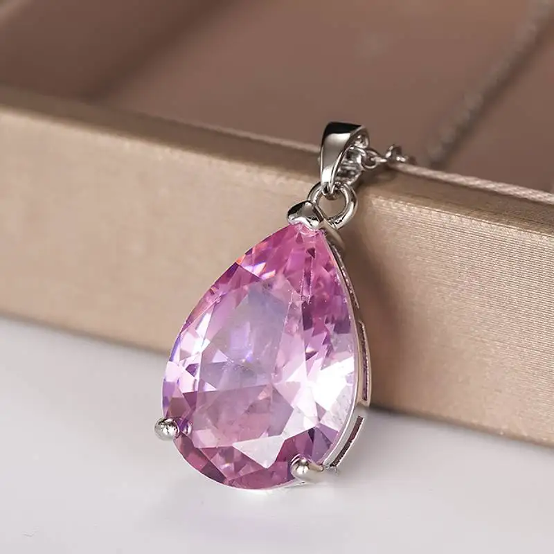 Huitan Simple Style Women Pendant Necklace Wedding Party Versatile Accessories Inlaid Shiny Pink Pear CZ Fashion Lady Jewelry